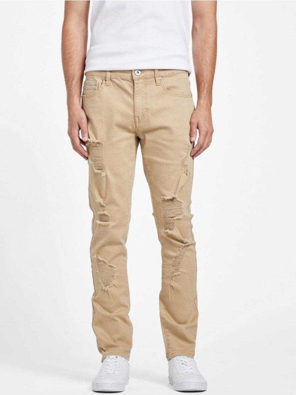 Guess Men’s Nico Destroyed Skinny Jeans Light Beige Size 32X30
